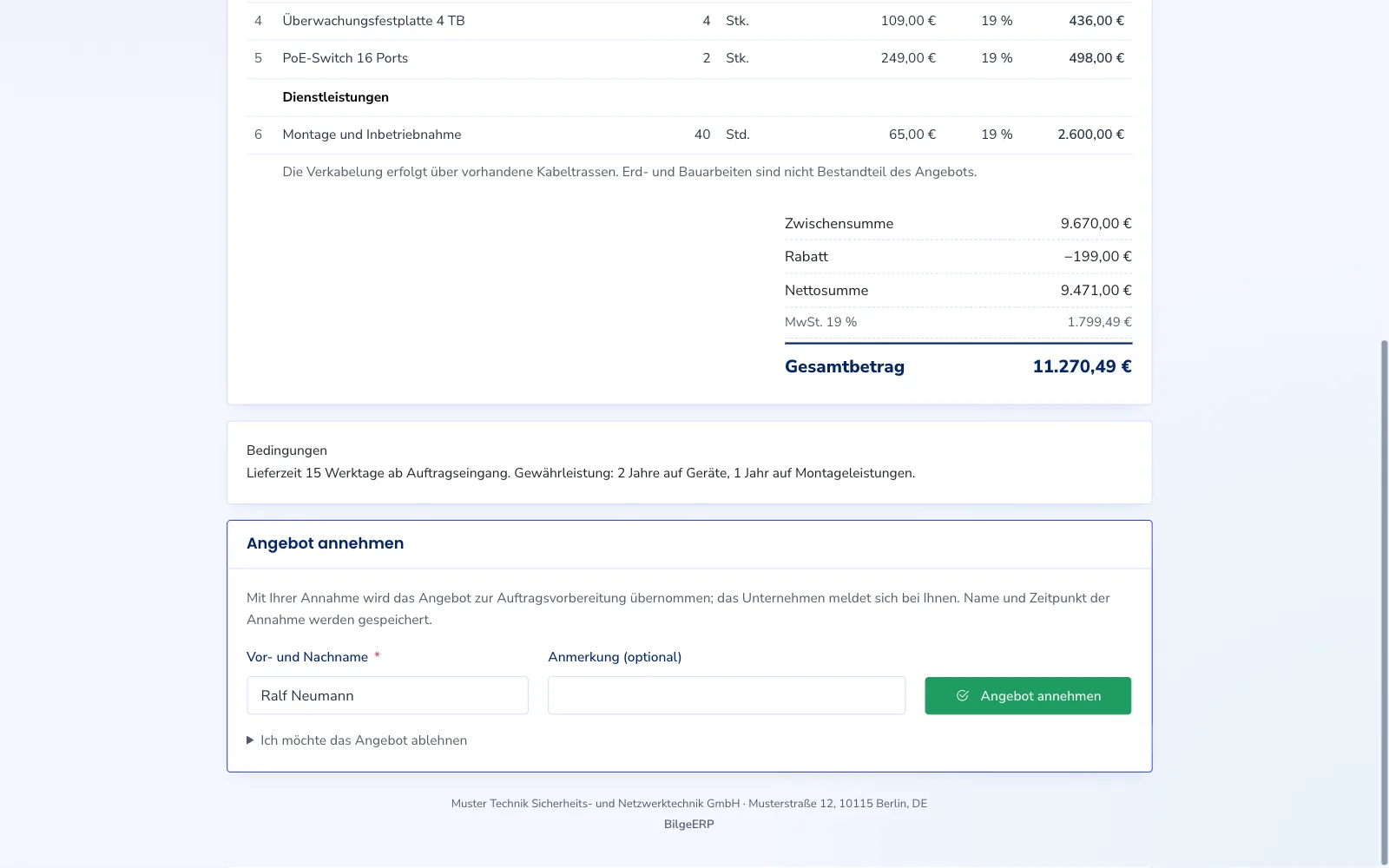 Angebot im Kundenportal: Positionen, Summen und das Formular zum Annehmen.