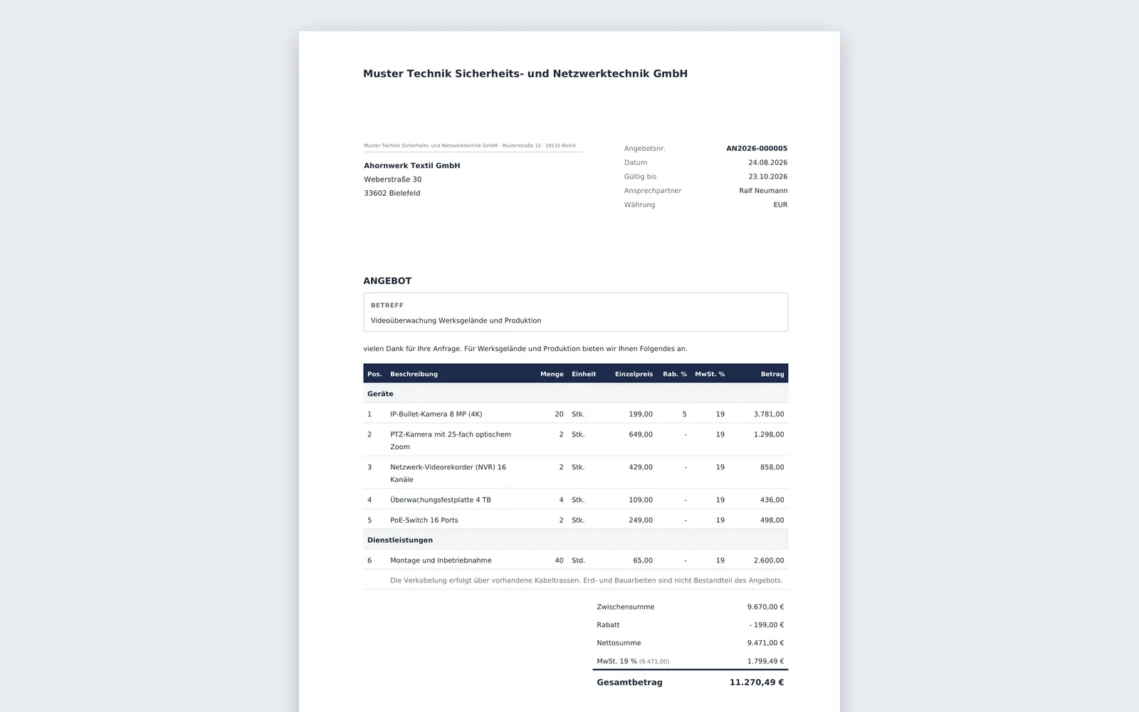 Angebot als PDF: Briefkopf, Kundenadresse, Positionen, MwSt.-Aufschlüsselung und Gesamtsumme.