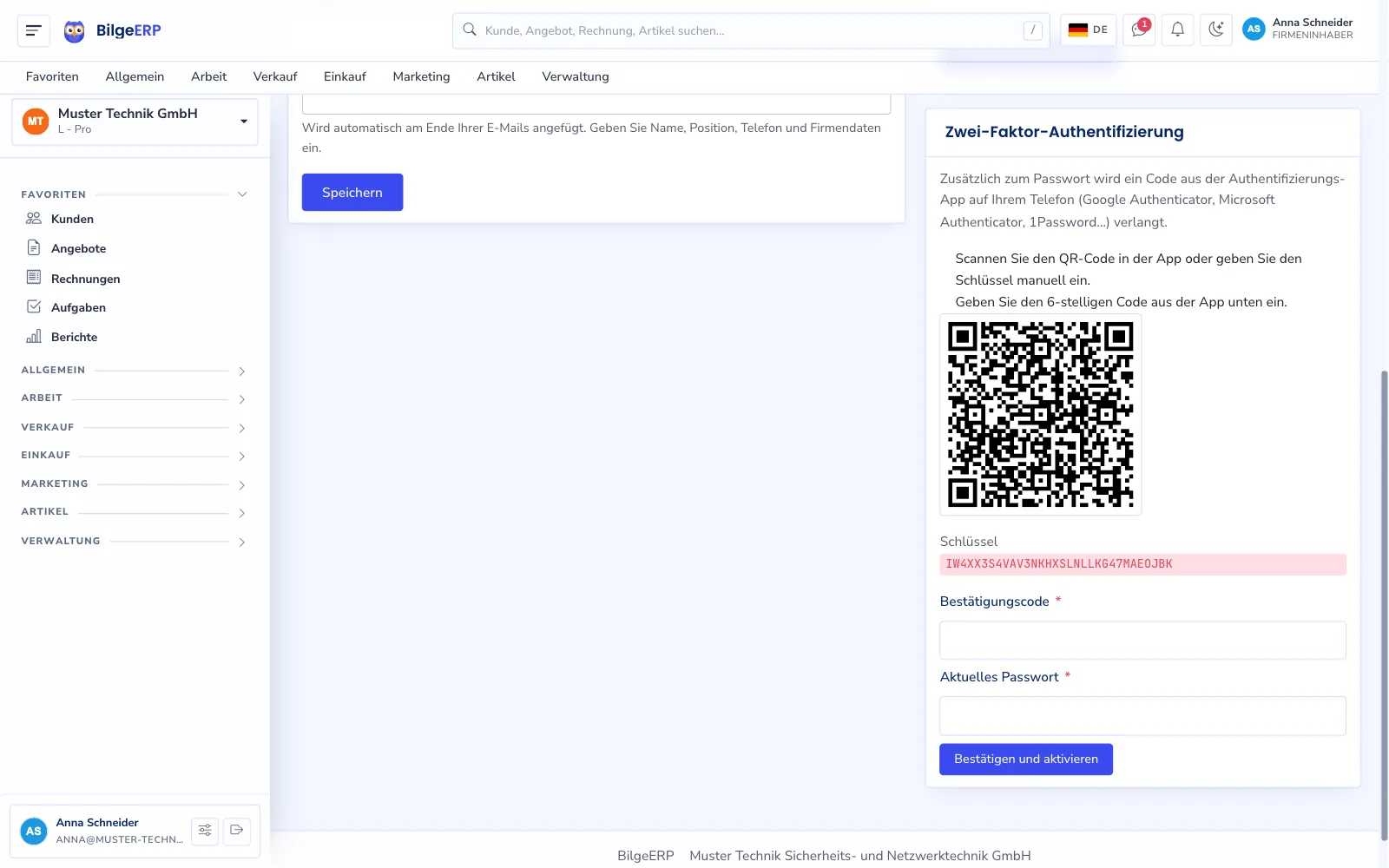 Profilseite: Einrichtung der Zwei-Faktor-Authentifizierung mit QR-Code, Schlüssel und Feld für den Bestätigungscode.