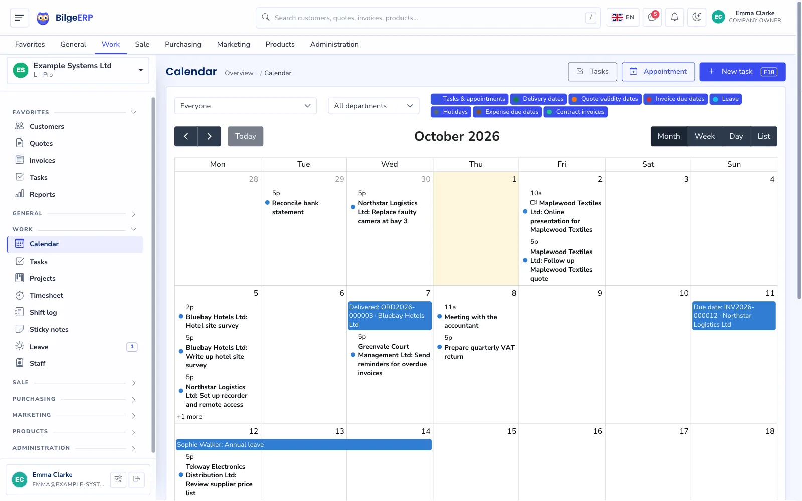 Monthly calendar: tasks, delivery dates, invoice due dates and leave in different colours.