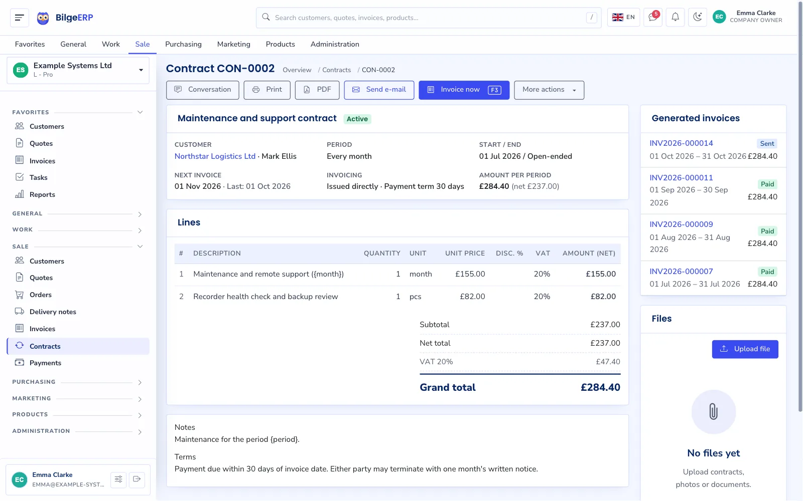 Contract details: items, period, next invoice date and the invoices generated.