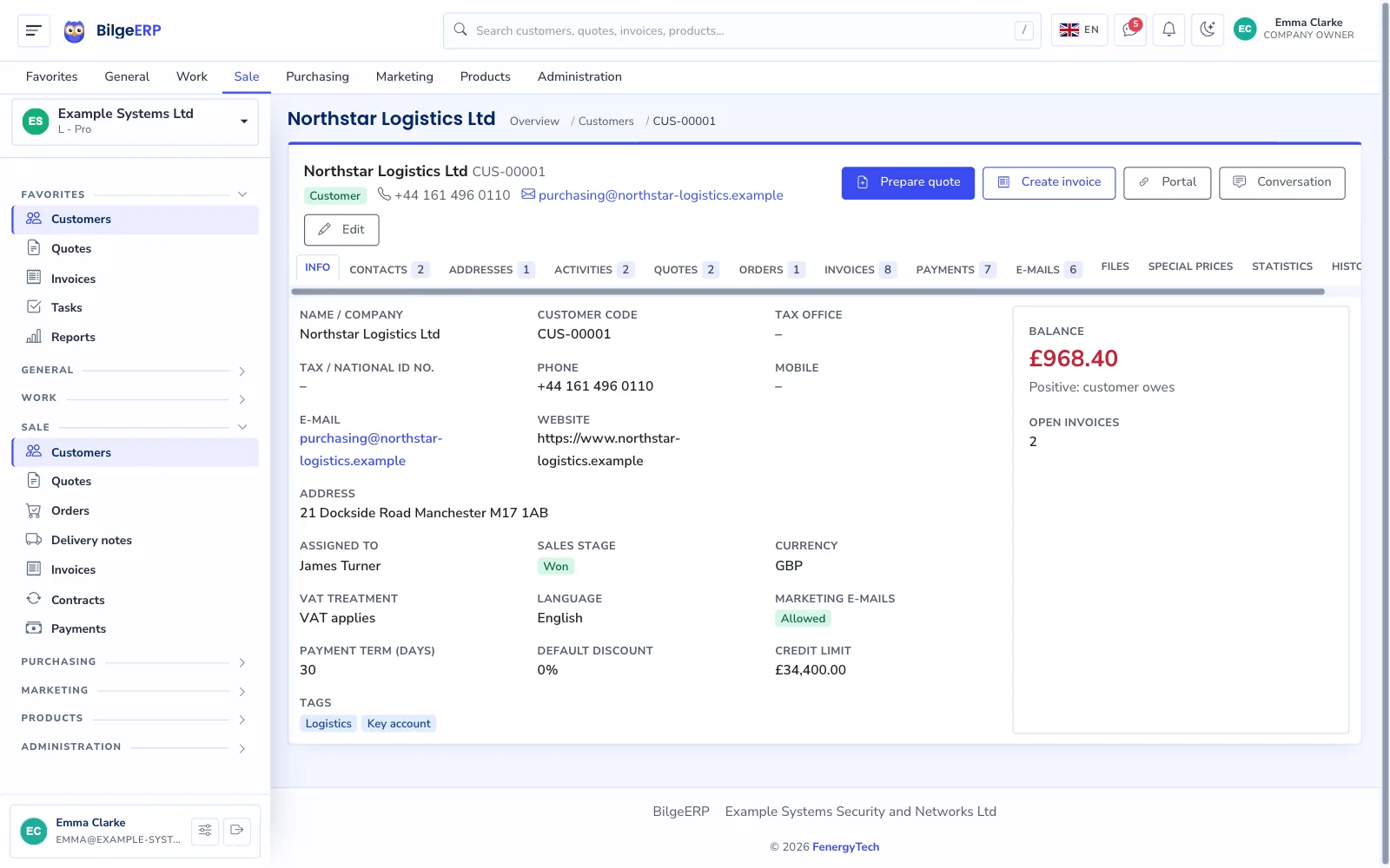 Customer record: tabs for details, contacts, addresses, activities, quotes, orders, invoices and files.