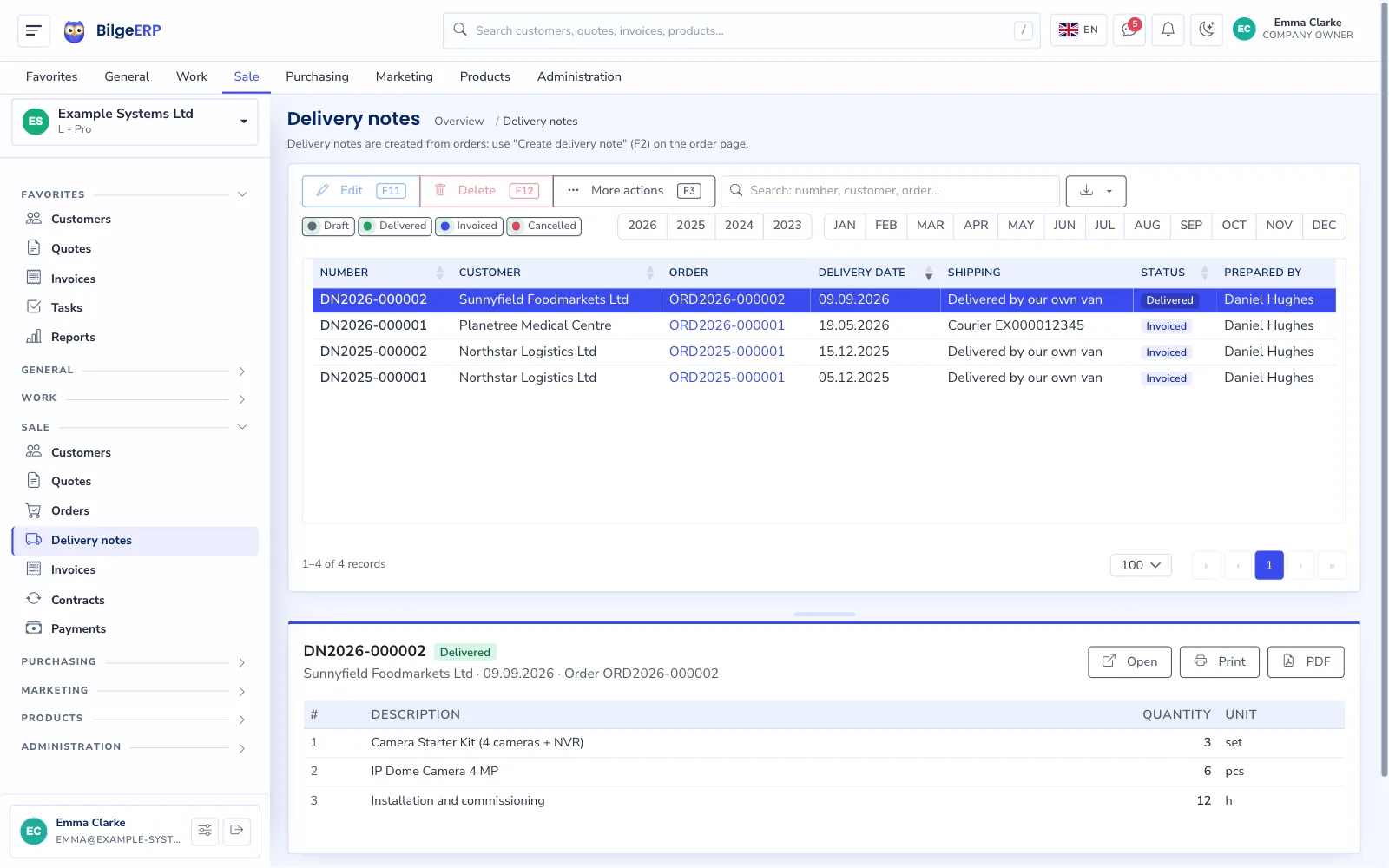 Delivery note list: number, customer, order, date and delivery status.