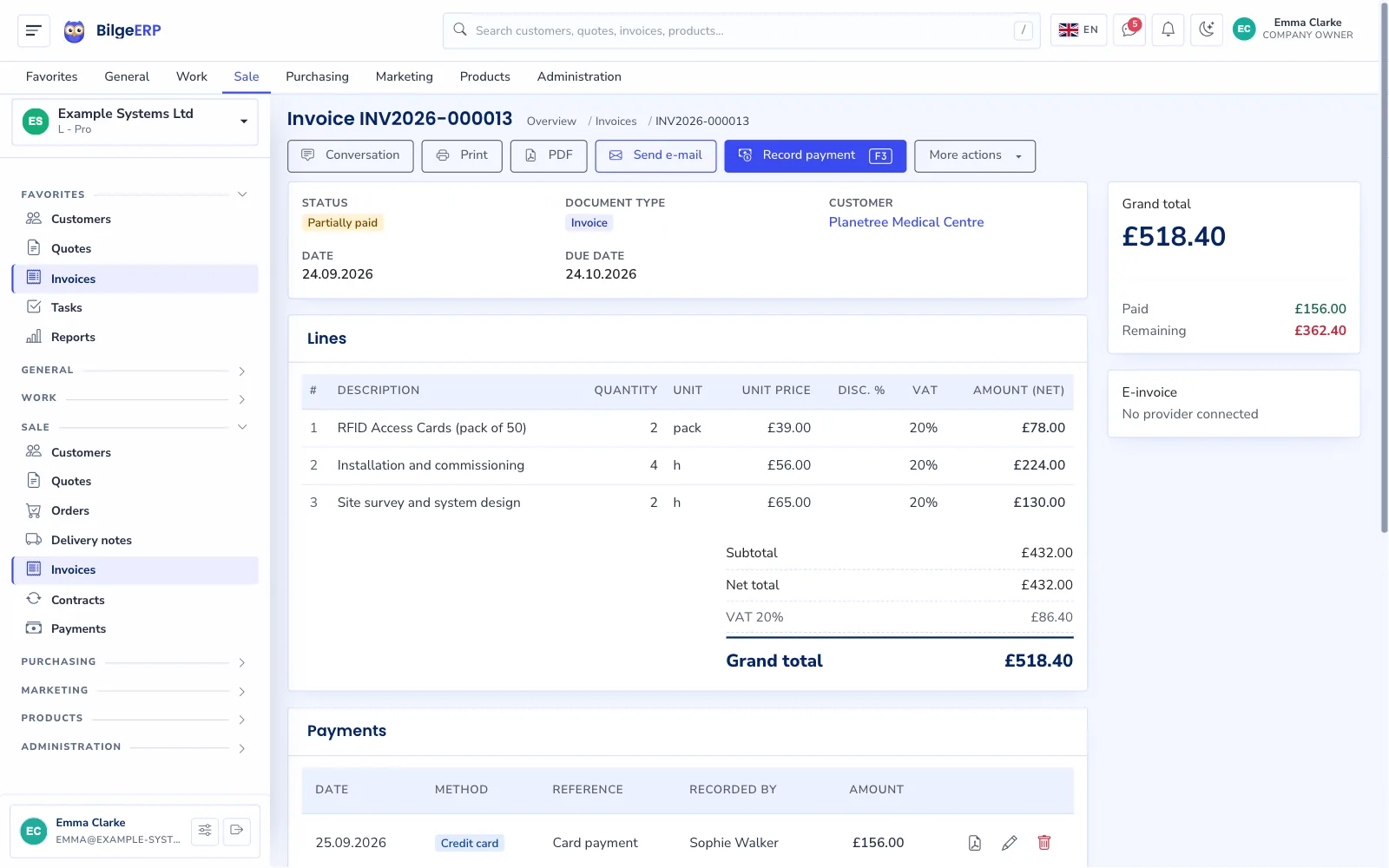 Invoice details: items, VAT breakdown, payments and outstanding amount.