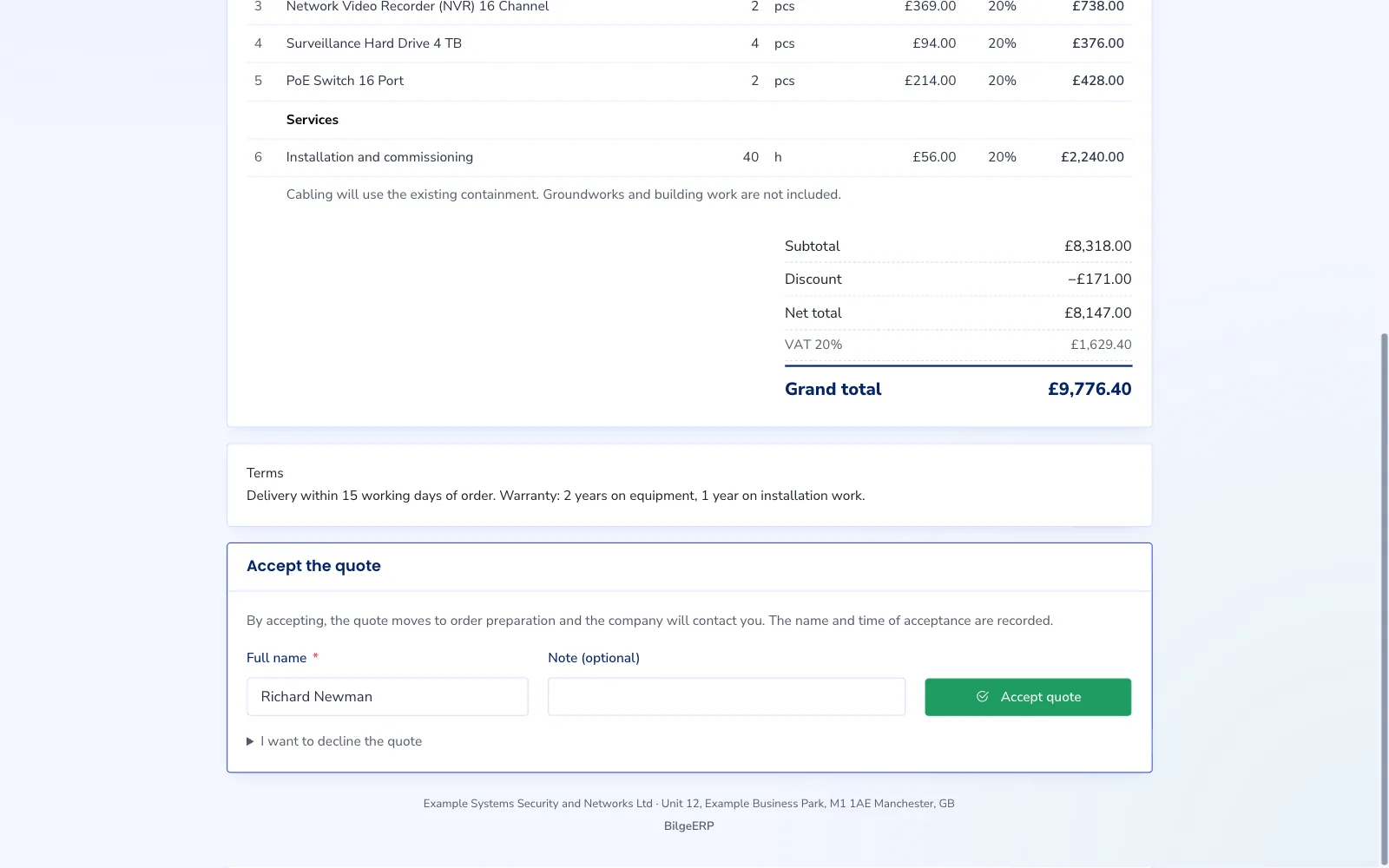 Quote in the customer portal: items, totals and the form to accept the quote.
