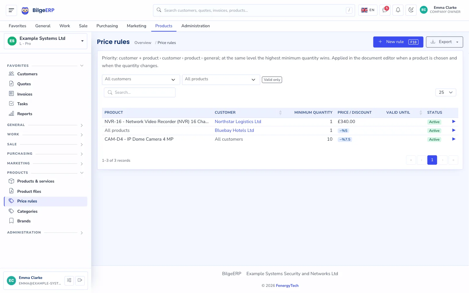 Price rules list: customer, product, quantity tier, price or discount and validity dates.