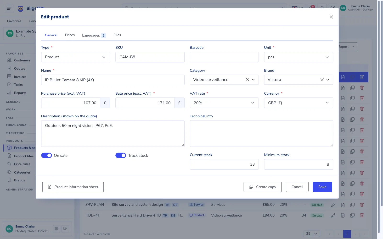 Product record: tabs for general details, prices, translations and files.