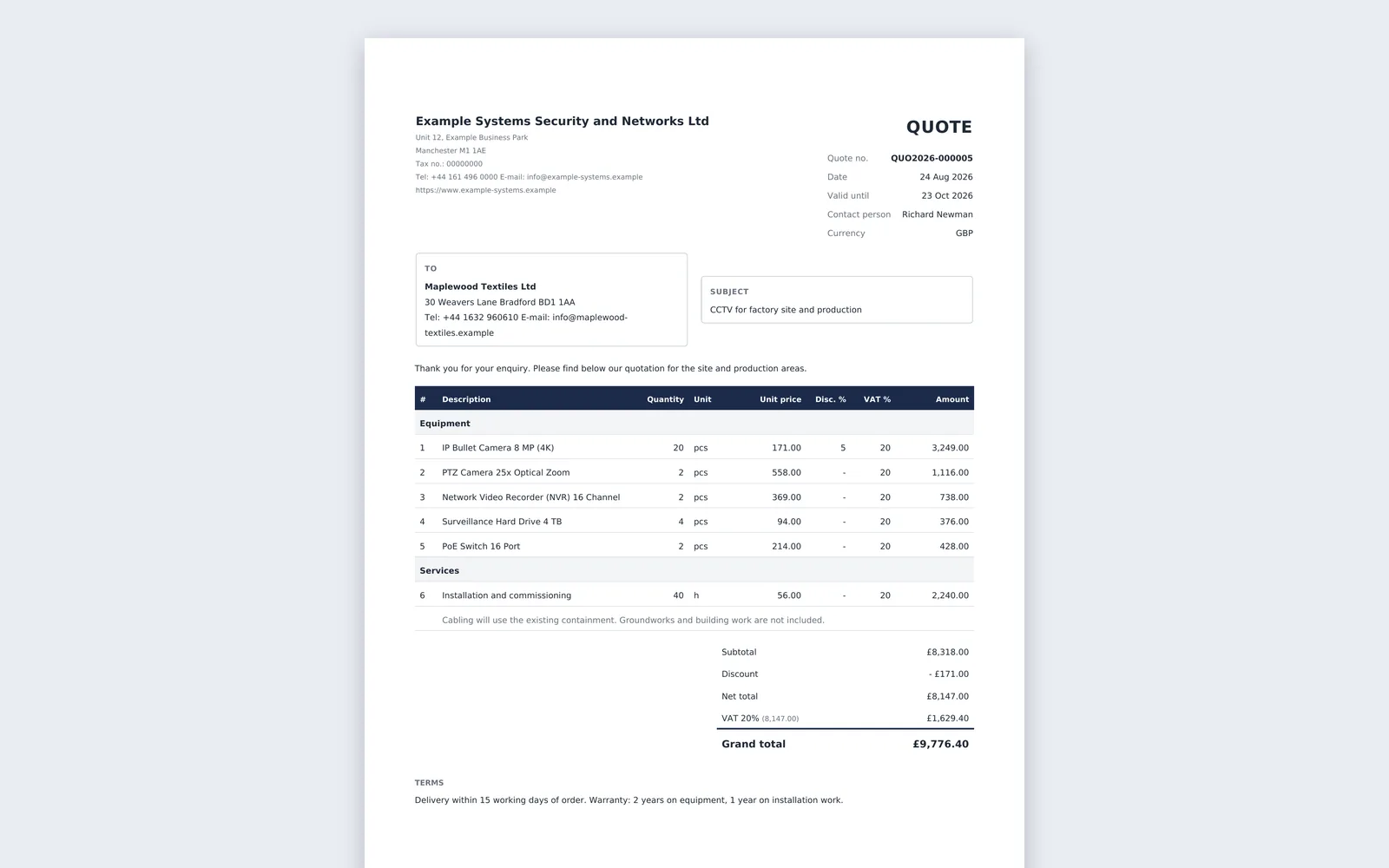 Quote PDF: letterhead, customer address, items, VAT breakdown and grand total.