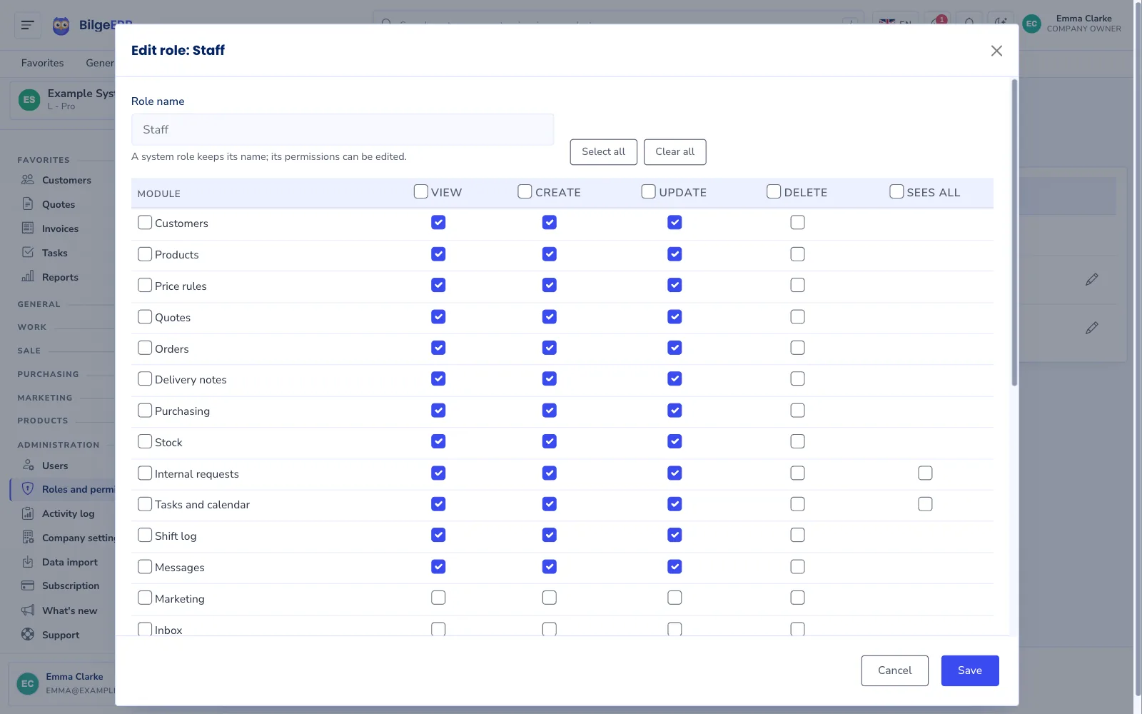 Role editing screen: modules in rows, view, add, edit and delete permissions in columns.