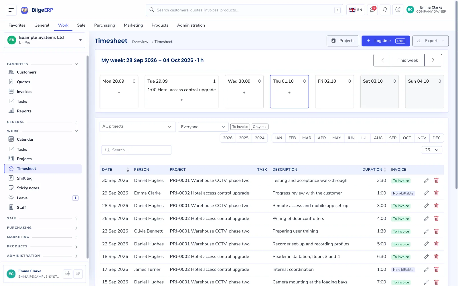 Weekly timesheet: project and time entries by day, weekly total.
