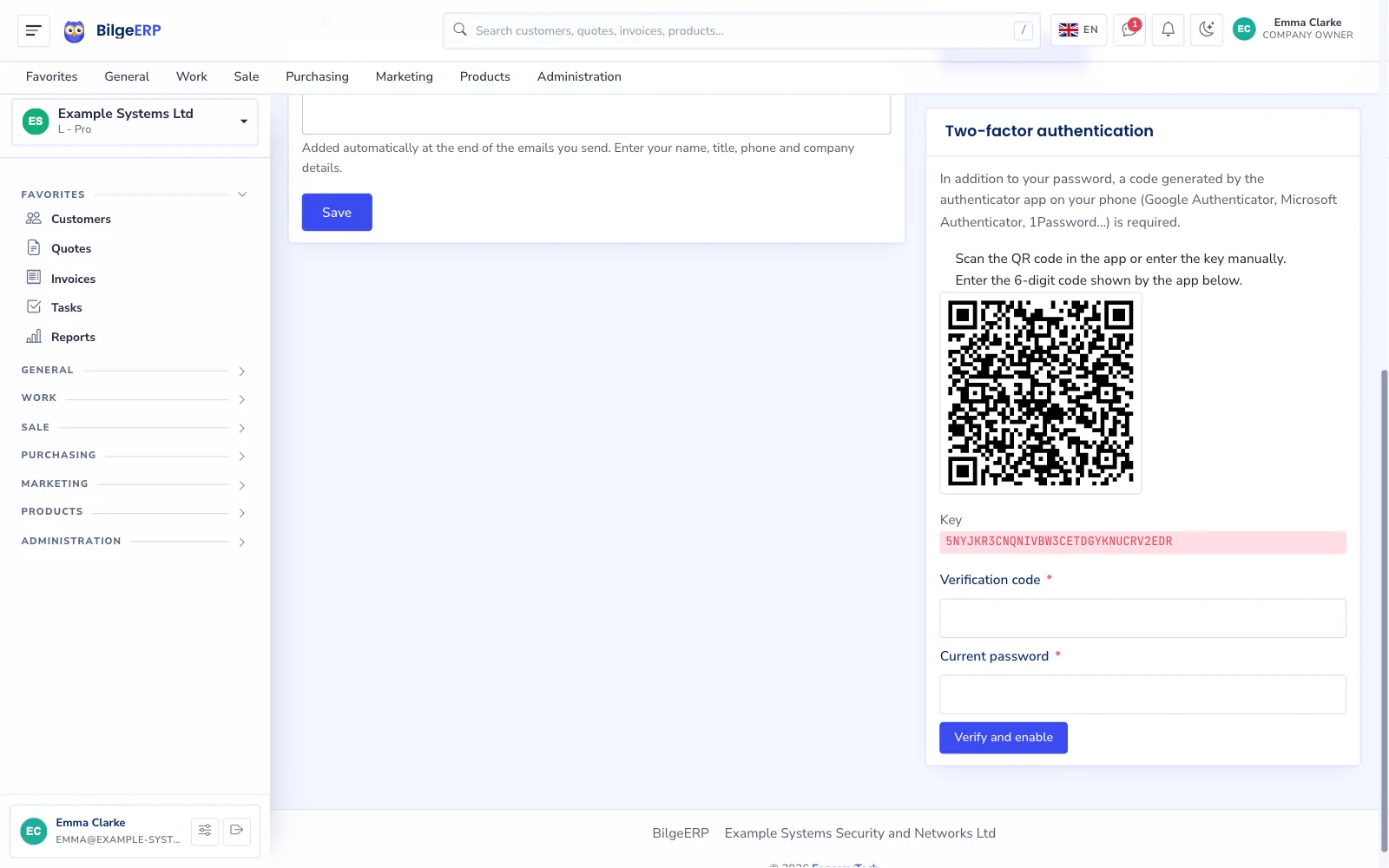 Profile page: two-factor authentication setup with QR code, key and verification code field.
