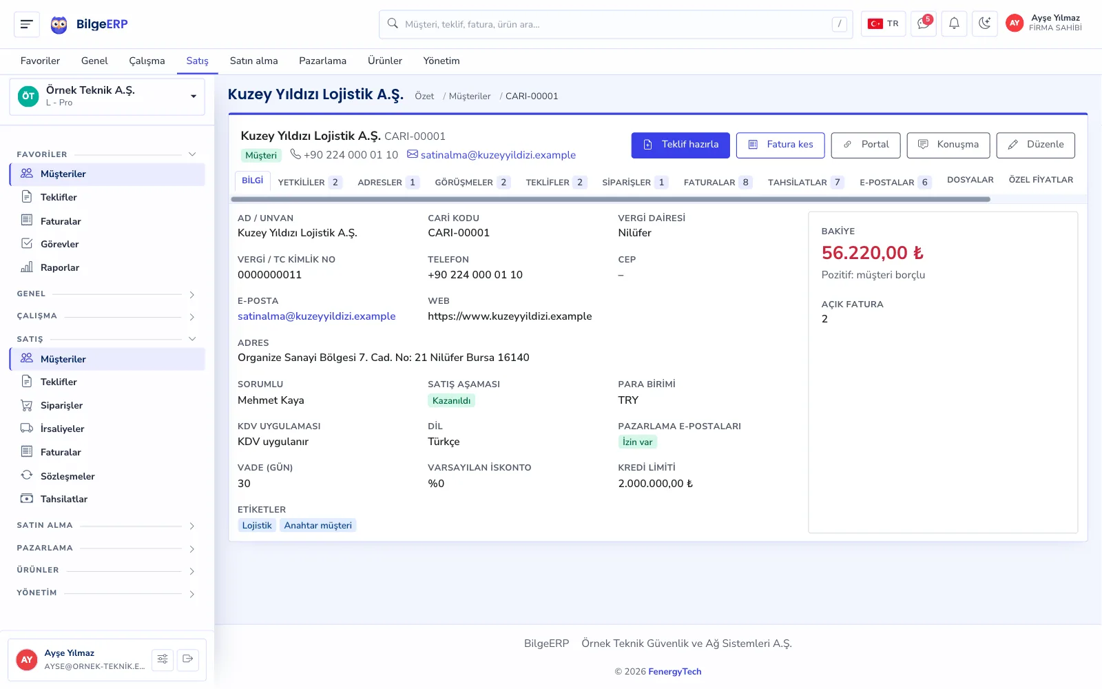 Müşteri kartı: bilgi, yetkililer, adresler, görüşmeler, teklifler, siparişler, faturalar ve dosyalar sekmeleri.